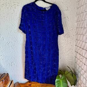 Vintage Blue Beaded Silk Dress Cotton Zone Sequin Cocktail Dress 90s Evening